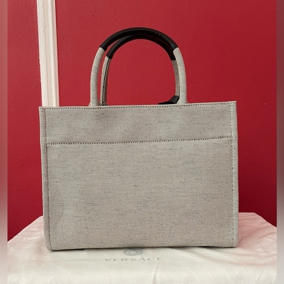 Versace Beige Canvas Tote Bag with Studded Logo Medusa Charm Unisex Shoulder Bag - Picture 12 of 16